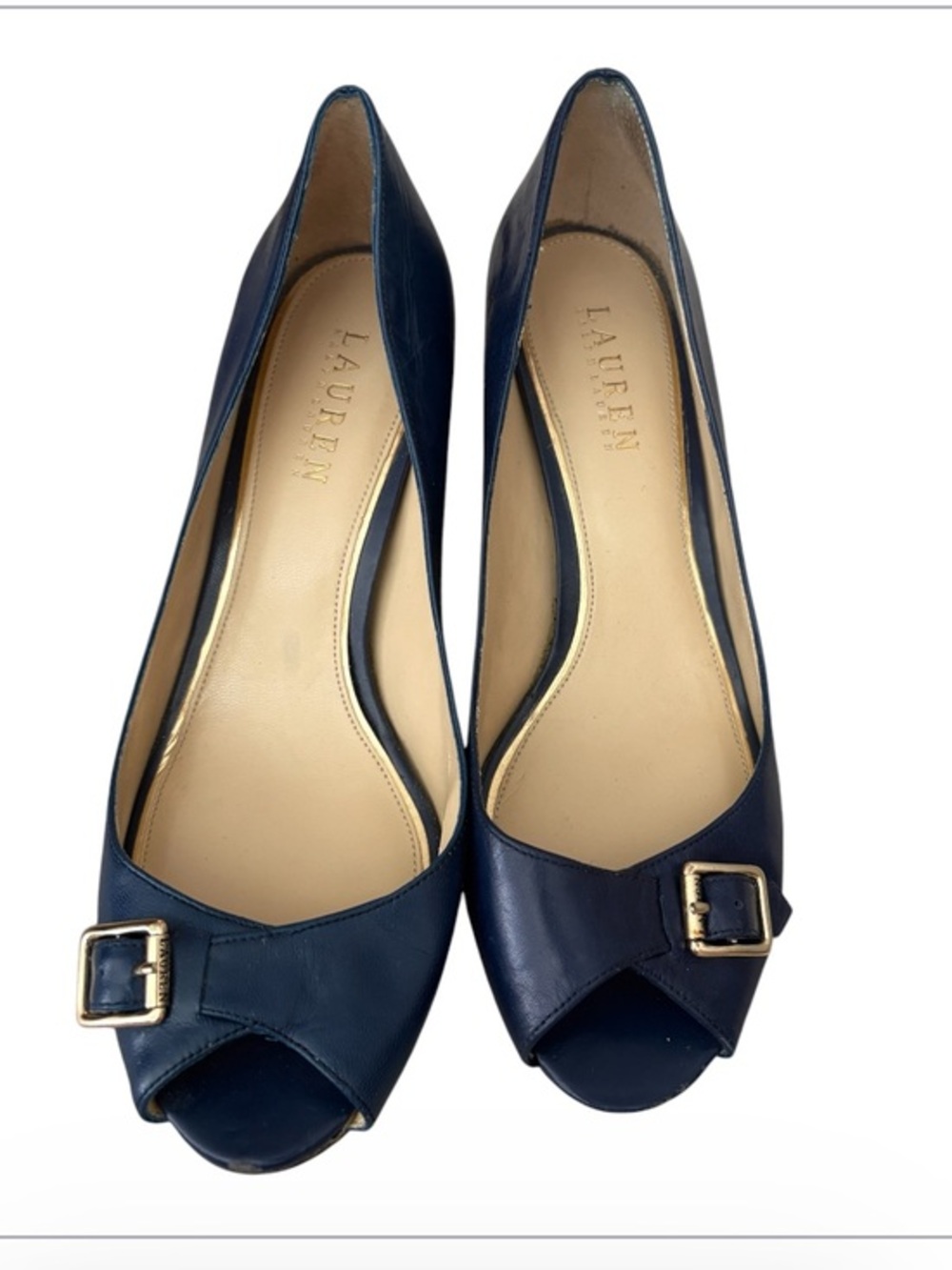 Lauren Ralph Lauren Navy Leather Peep Toe Heels Size 9.5 B Classic